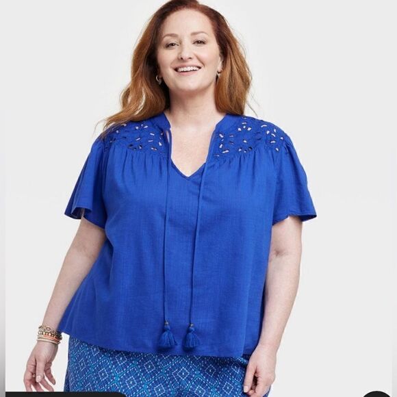 Knox Rose Women's Short Sleeve V-Neck Woven Eyelet Top Royal Blue NWT Size XXL - Picture 1 of 9
